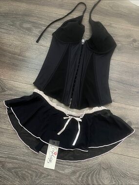 Forplay Black Corset Bustier with Black Mini Skirt and White Trim